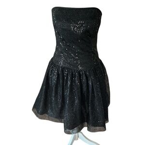 Jessica McClintock Gunne Sax Black Strapless Sequin Dress 90s Drop Waist Sz 7